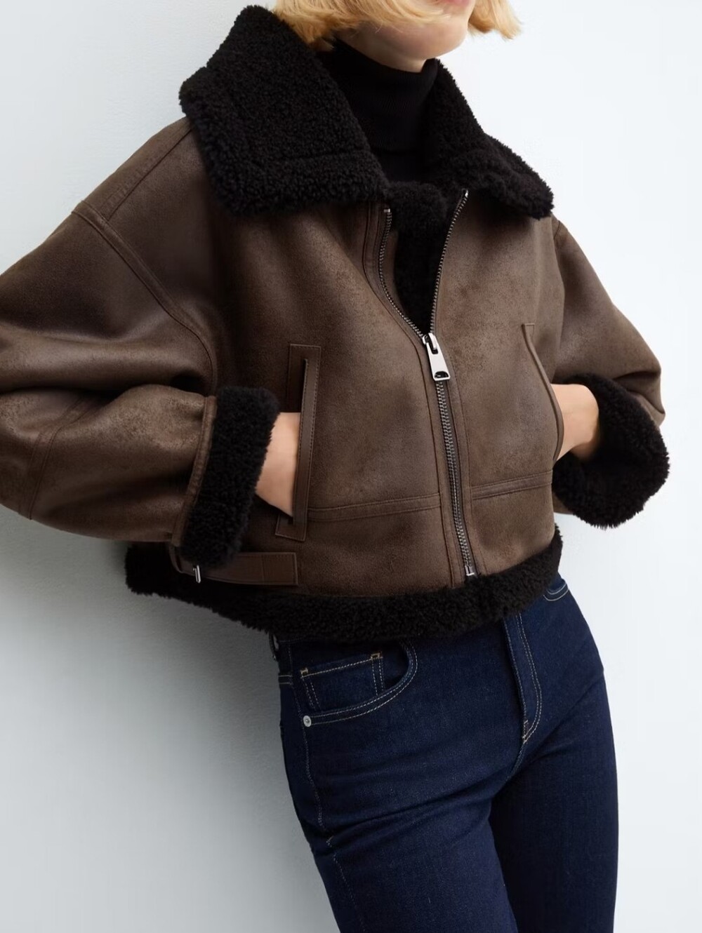MANGO WOMEN Brown Aviator Jacket with Black Shearling Trim